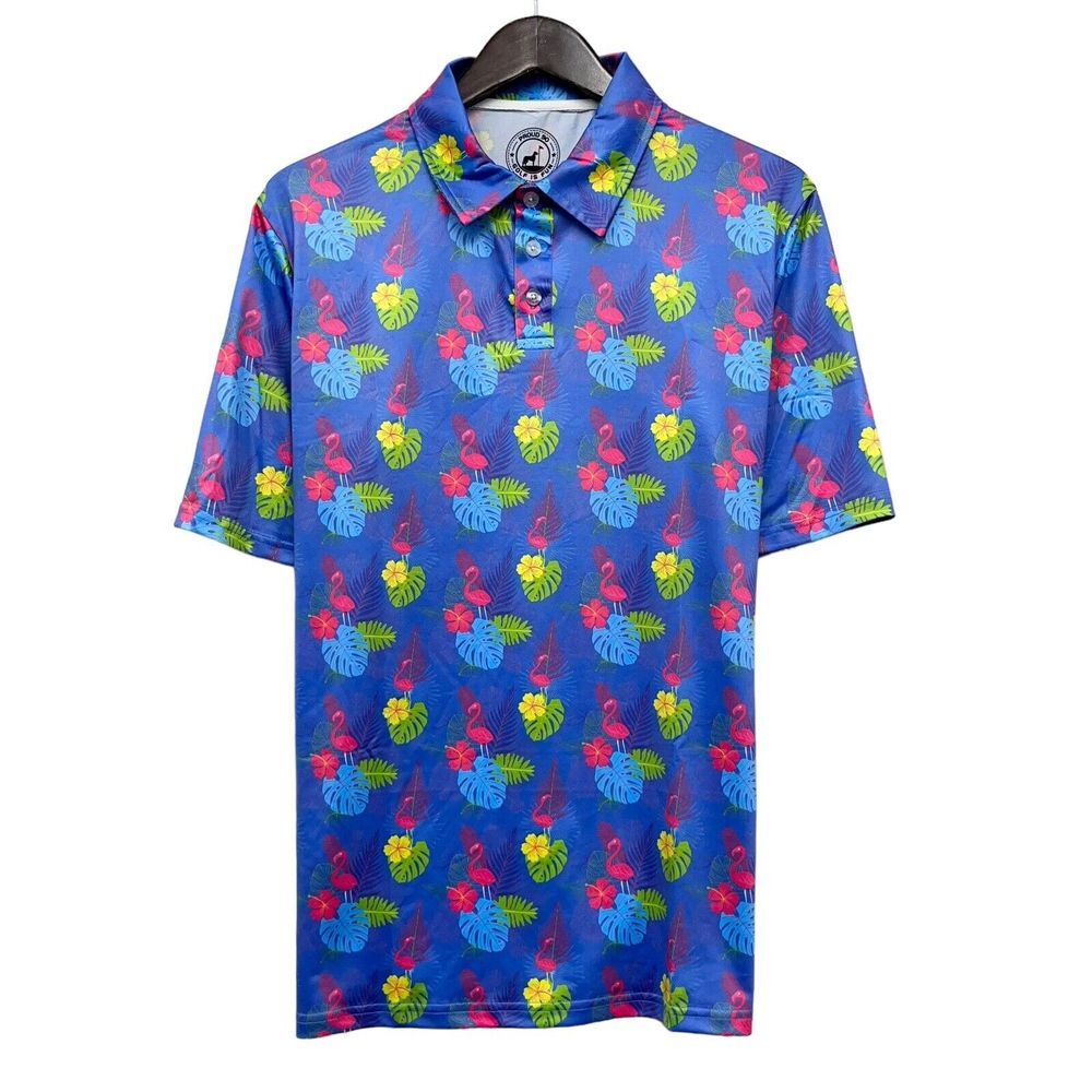 Proud 90 Men's Polo Shirt Golf is Fun Hawaiian Floral Flamingos Size Medium euc
